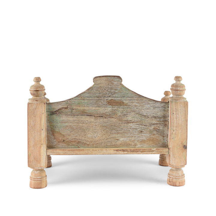 Back Of Vintage Bleached Decorative Teak Singhasan From Rajasthan - Ca 1950's | indigo Antiques