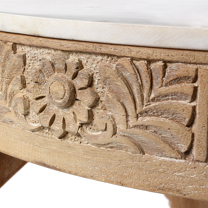 Carving Detail From Mango Wood Chukki Rice Mill From Rajasthan With Marble Top | Indigo Antiques