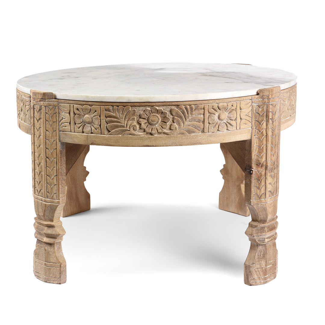 Mango Wood Chukki Rice Mill From Rajasthan With Marble Top | Indigo Antiques