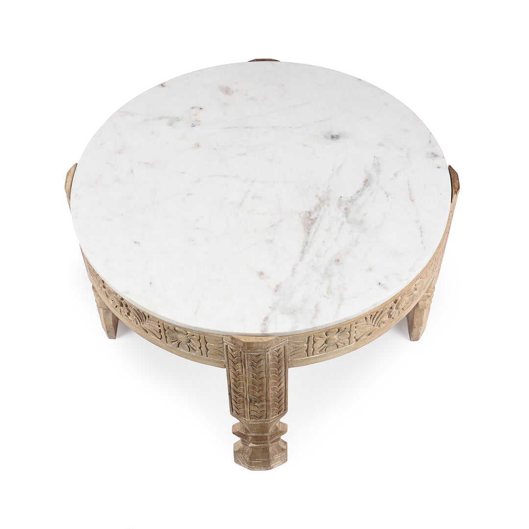 Top Down View Of Mango Wood Chukki Rice Mill From Rajasthan With Marble Top | Indigo Antiques