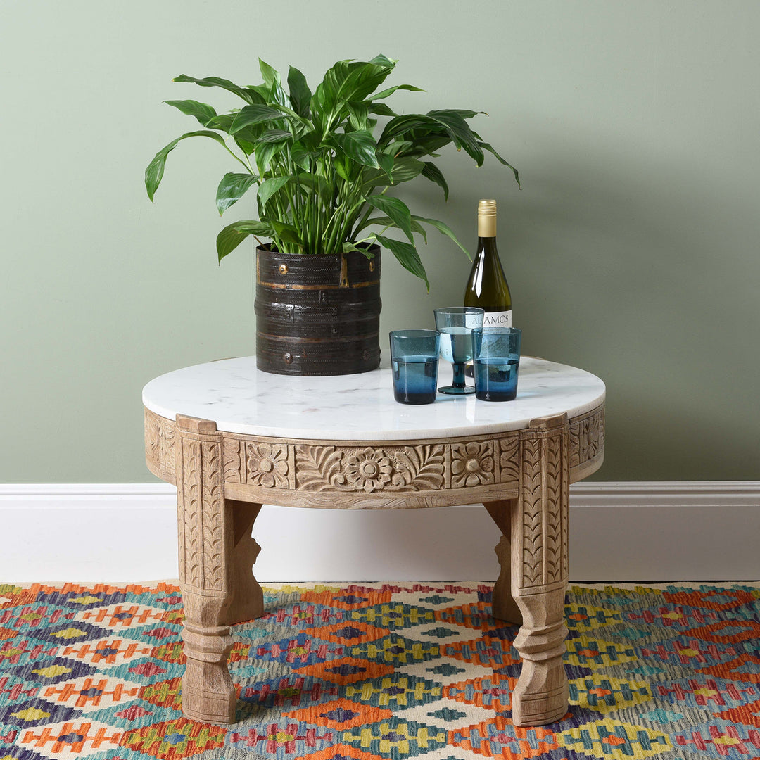 Mango Wood Chukki Rice Mill From Rajasthan With Marble Top | Indigo Antiques