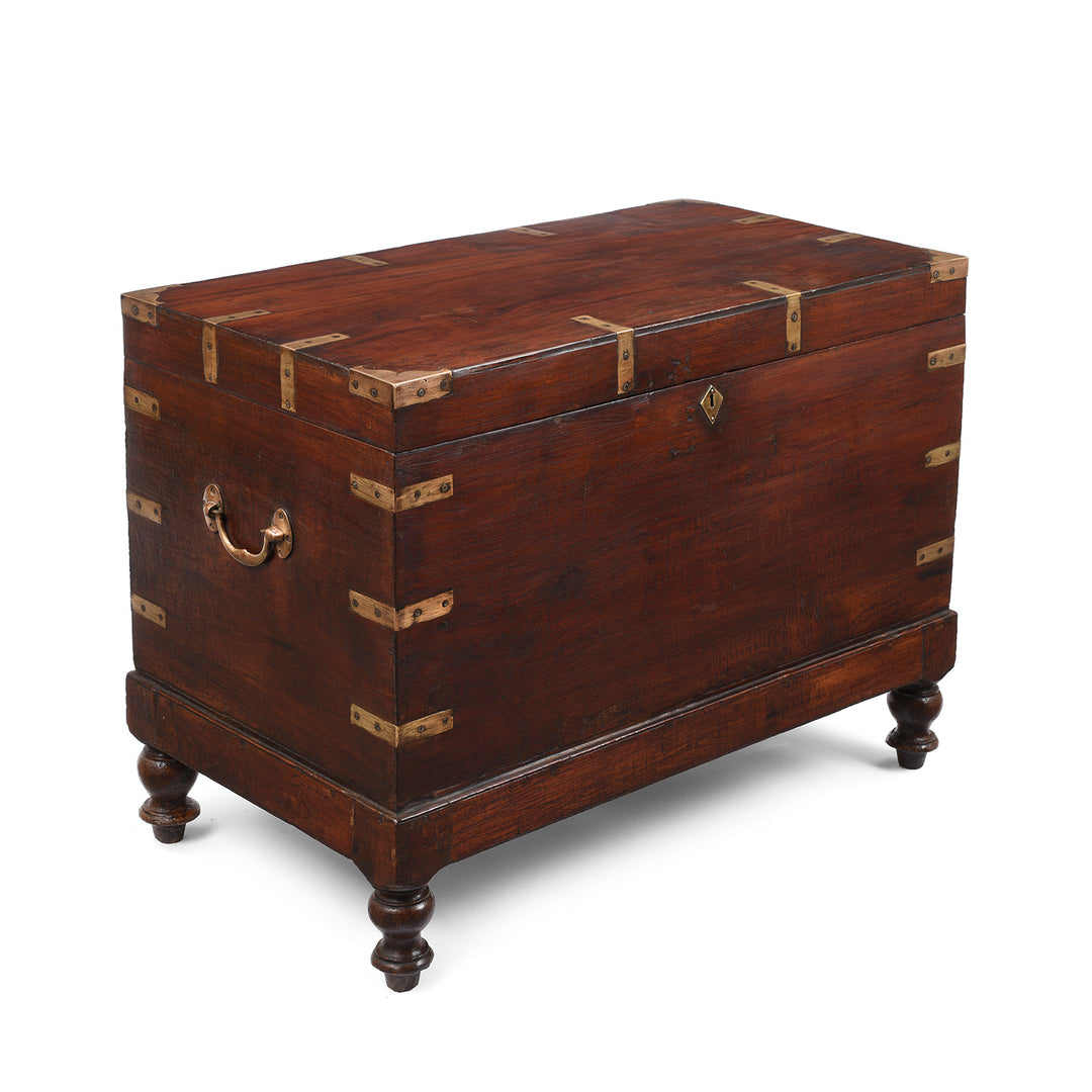Angled View of an Antique Brass Bound Jackfruit wood Military Chest | Indigo Antiques