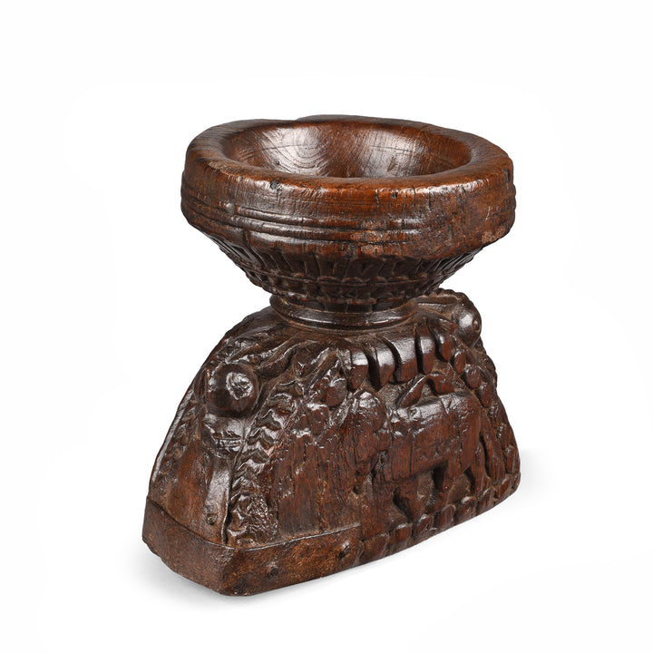 Angled View Of Antique Carved Teak Seed Drill From Gujarat | Indigo Antiques
