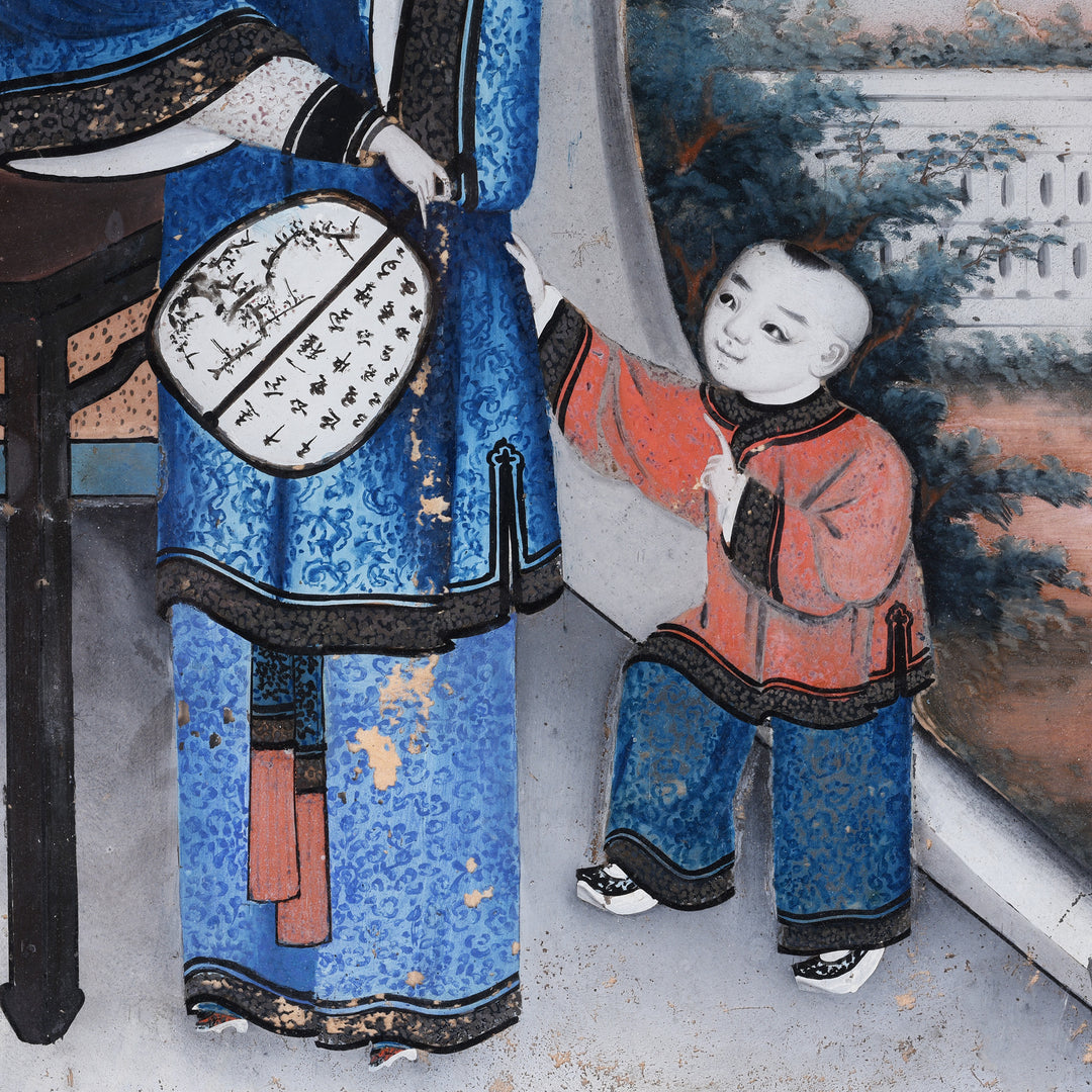 Detail From Antique Framed Canton Reverse Glass Painting of a Woman & Child | Indigo Antiques