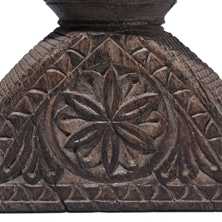 Lotus Flower Detail From Antique Carved Teak Seed Drill From Gujarat | Indigo Antiques