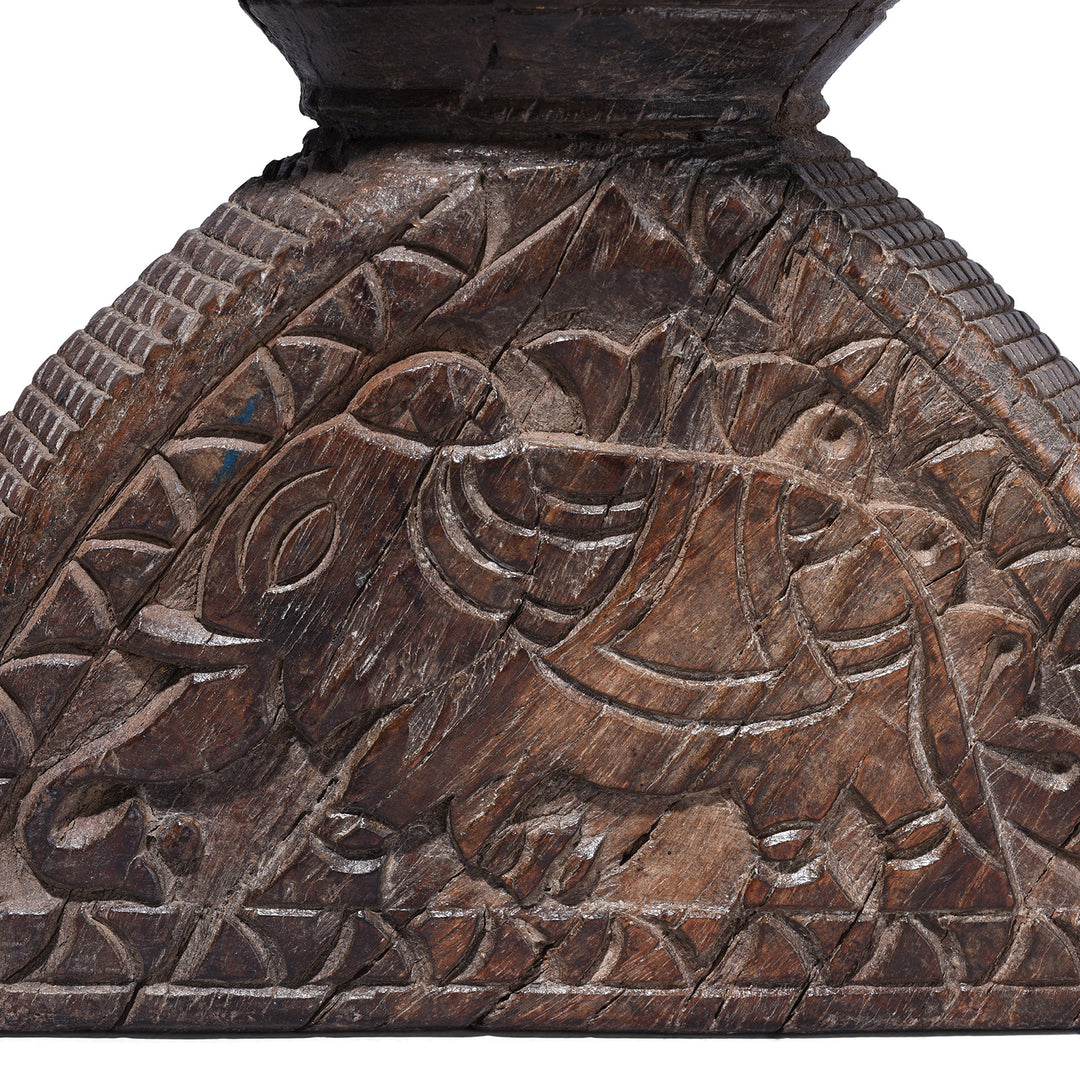 Elephant Detaiul From Antique Carved Teak Seed Drill From Gujarat | Indigo Antiques