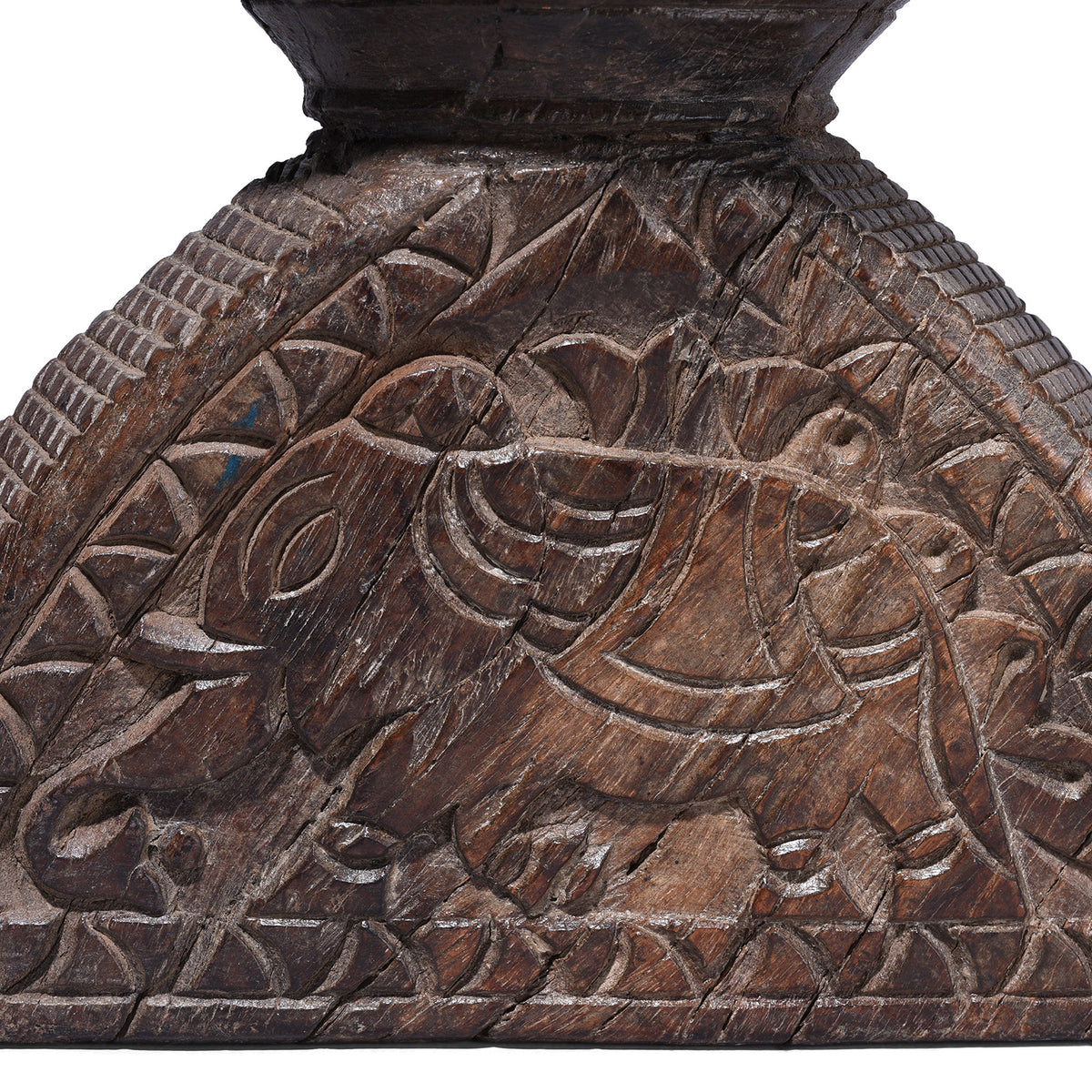 Elephant Detaiul From Antique Carved Teak Seed Drill From Gujarat | Indigo Antiques