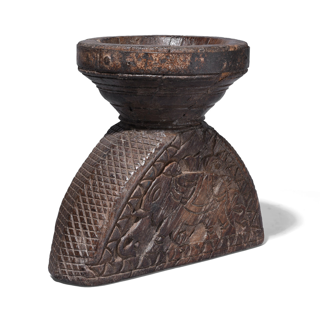 Angled View Of Antique Carved Teak Seed Drill From Gujarat | Indigo Antiques