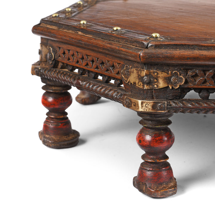 Corner Detail From Antique Octagonal Bajot Low Prayer Table From Rajasthan | Indigo Antiques