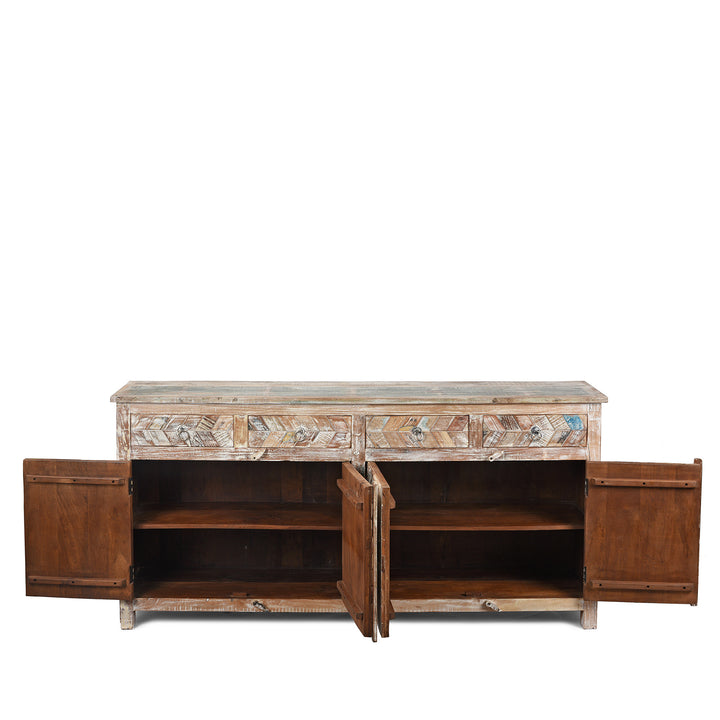 Open Detail of a Indian 4 Door Sideboard Made From Reclaimed Teak | Indigo Antiques