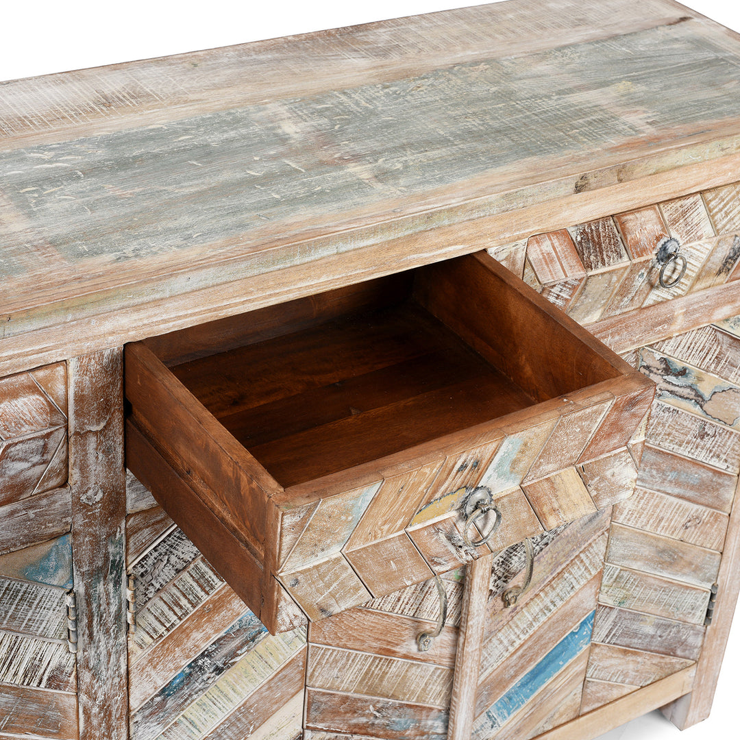Drawer detail of an Indian 4 Door Sideboard Made From Reclaimed Teak | Indigo Antiques