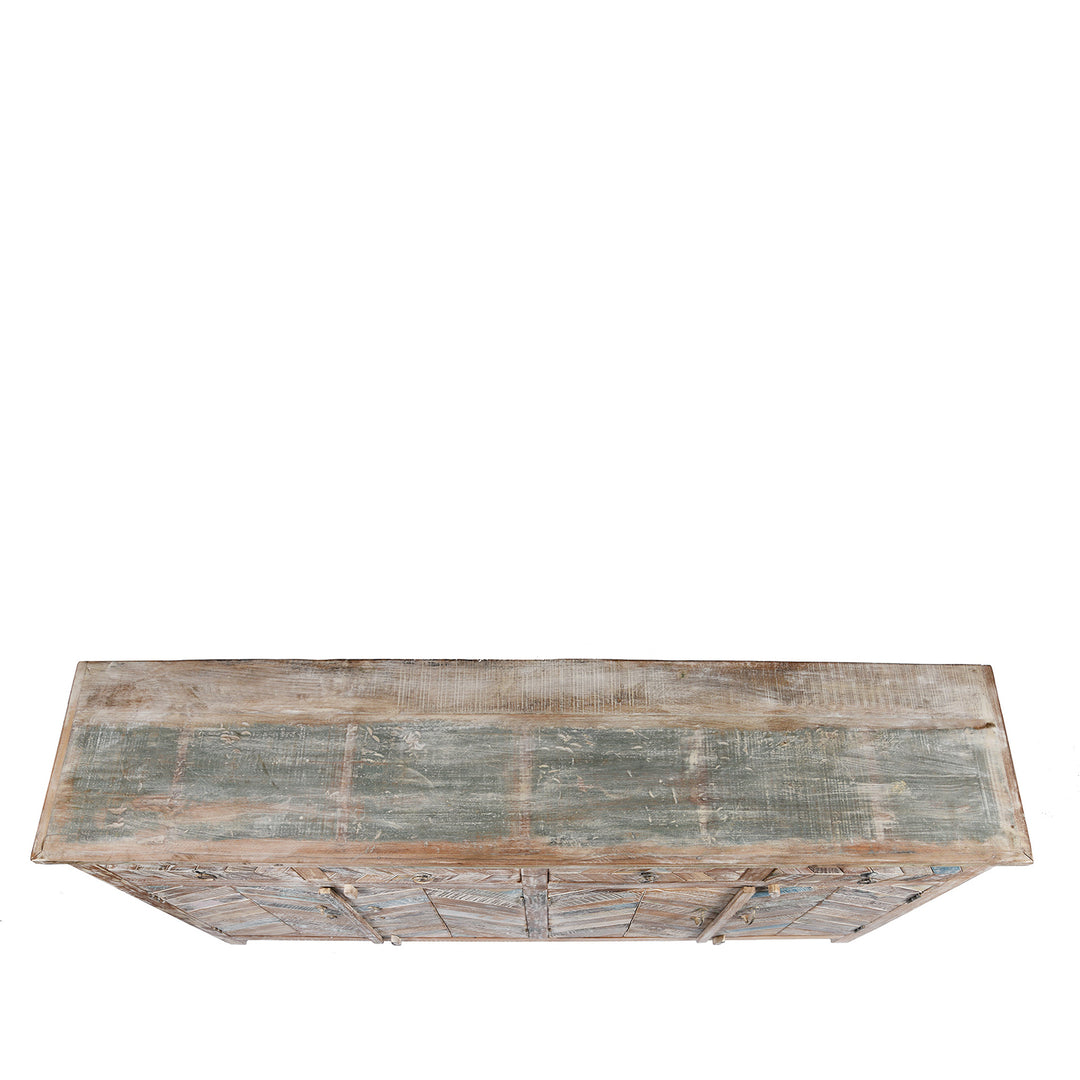 Top detail of an Indian 4 Door Sideboard Made From Reclaimed Teak | Indigo Antiques