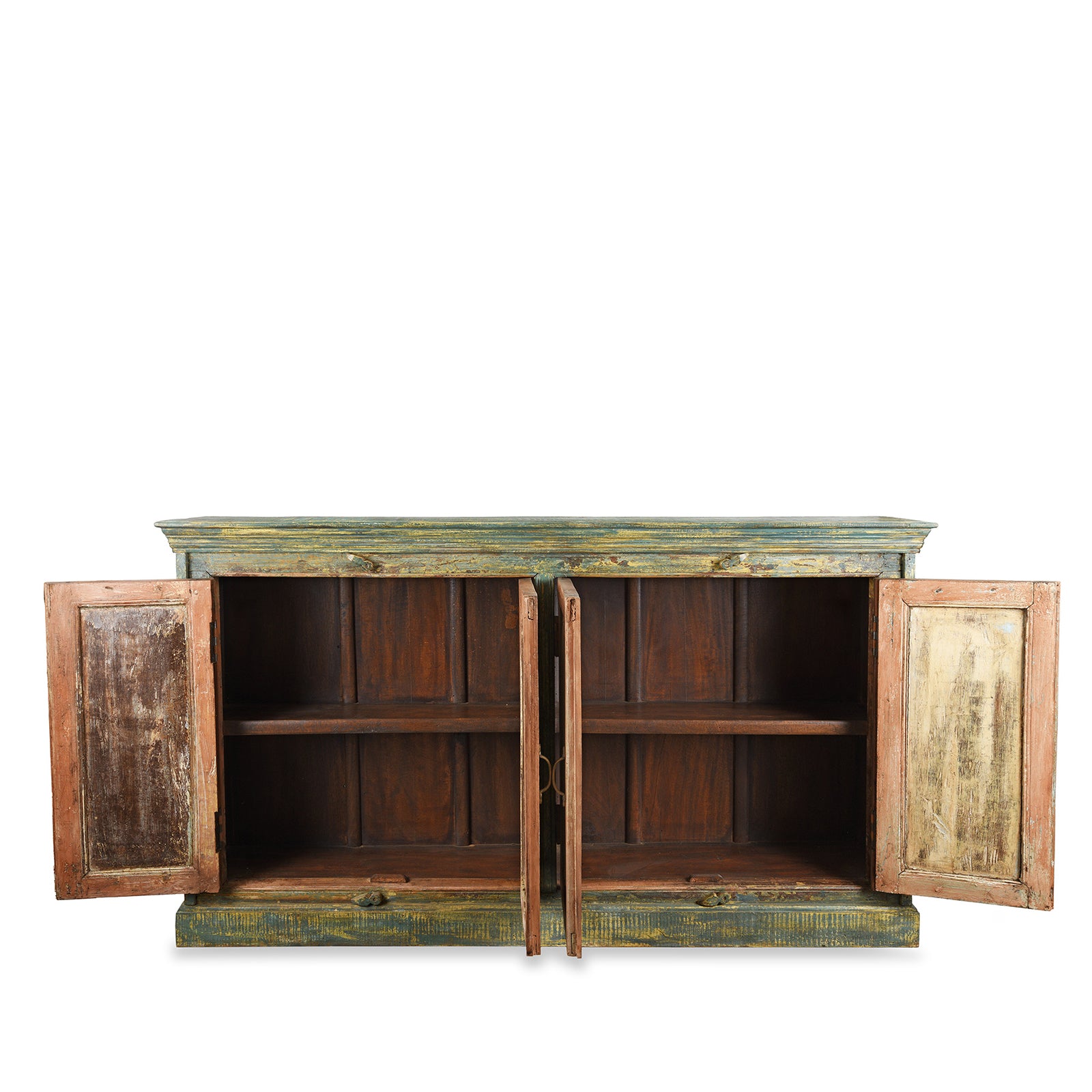 Open Doors View Of Reclaimed Teak Wood Sideboard With Painted Doors | Indigo Antiques
