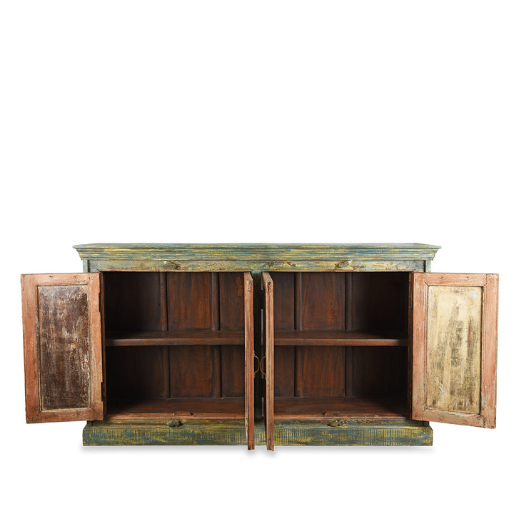 Open Doors View Of Reclaimed Teak Wood Sideboard With Painted Doors | Indigo Antiques
