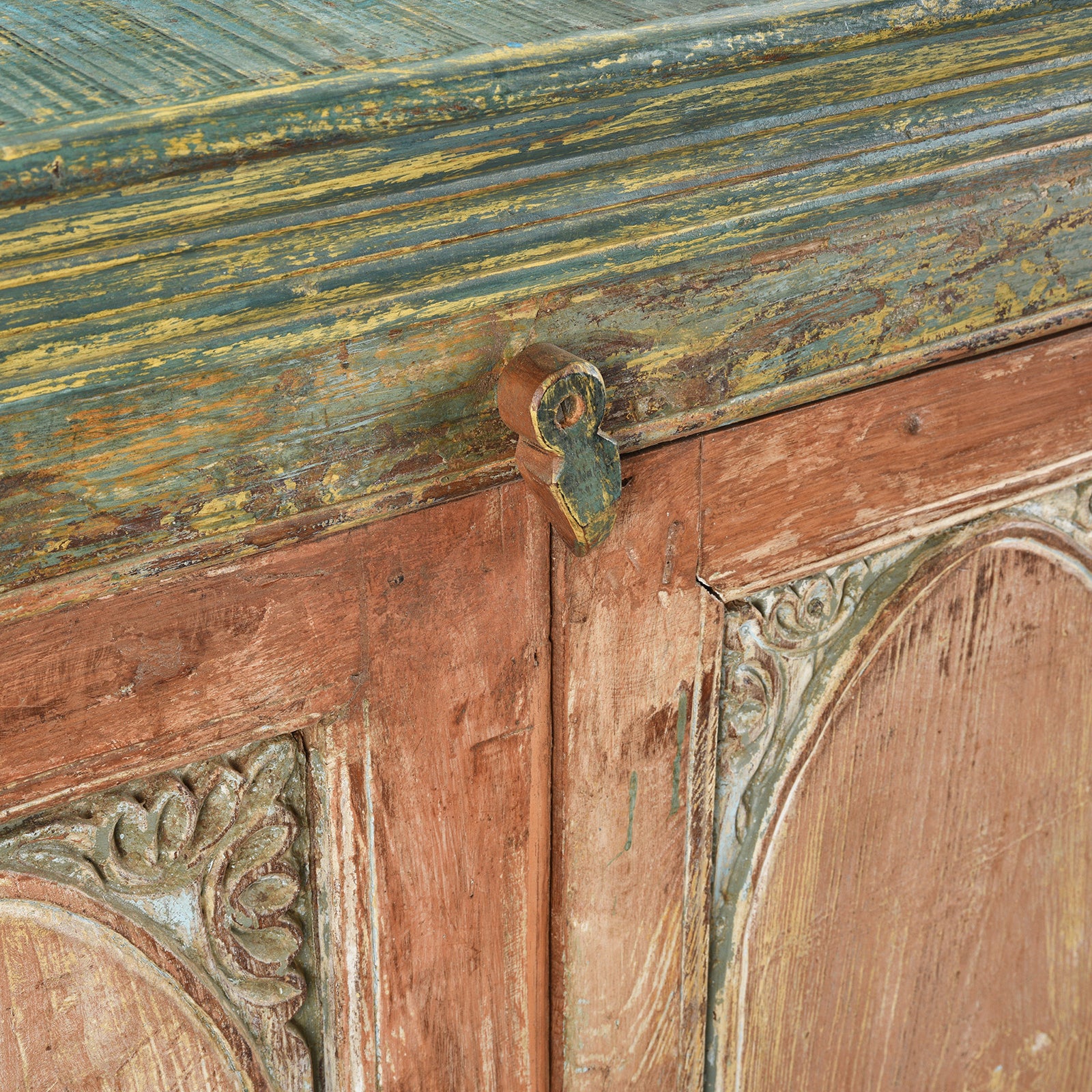 Latch Detail From Reclaimed Teak Wood Sideboard With Painted Doors | Indigo Antiques