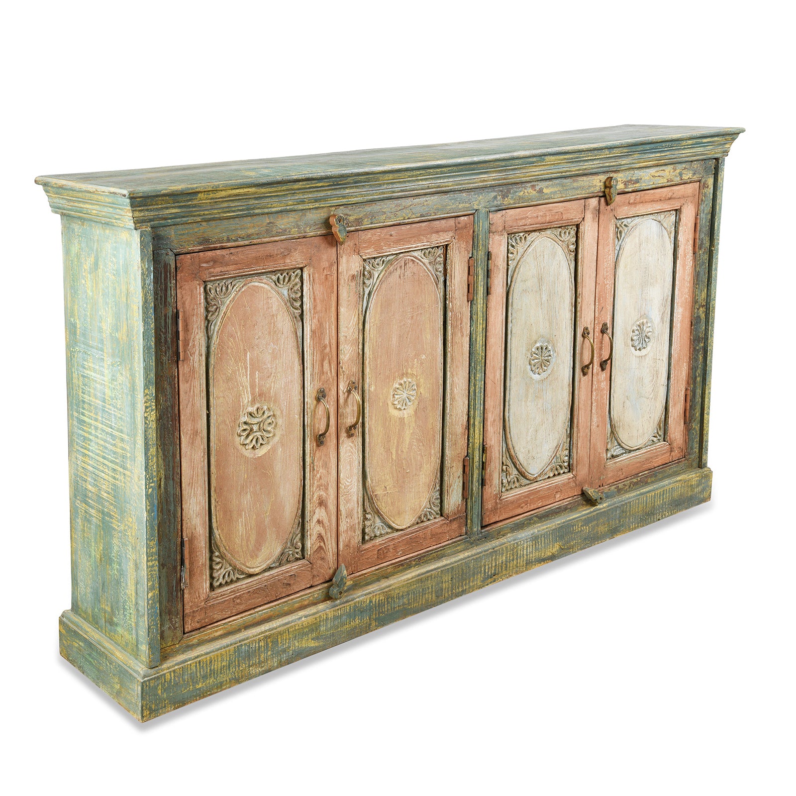 Angled VIew Of Reclaimed Teak Wood Sideboard With Painted Doors | Indigo Antiques