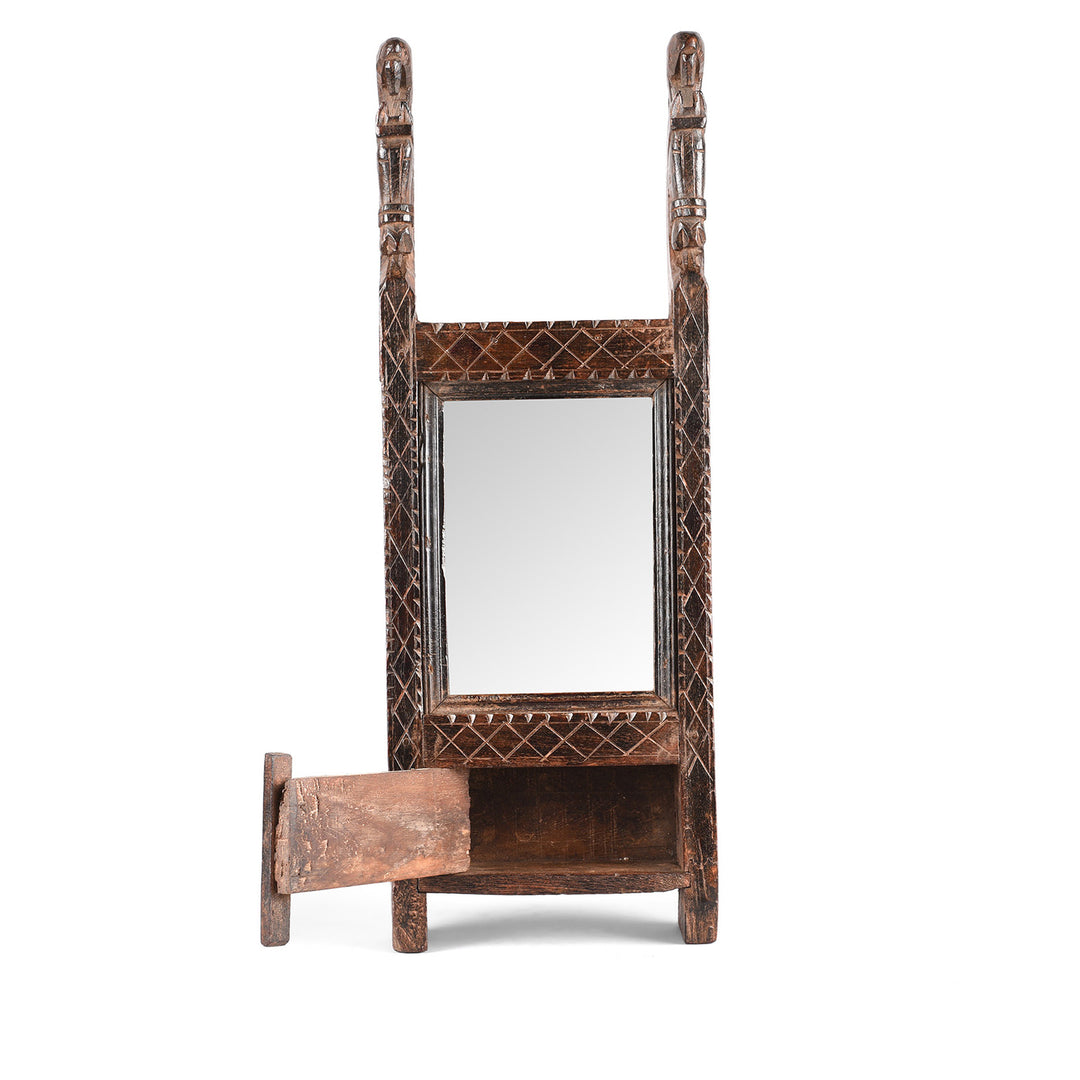 Open Door View Of Carved Teak Mirror From The Banswara Tribal Region - 19th Century | Indigo Antiques