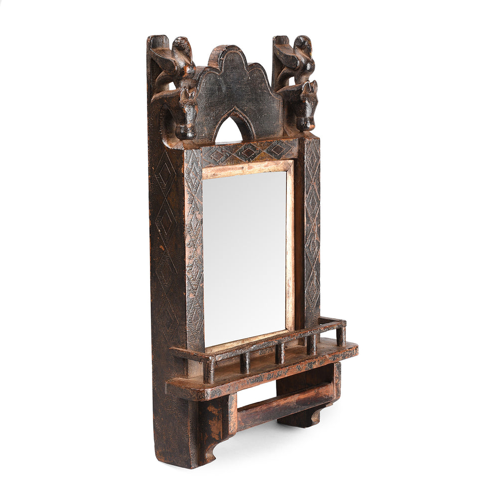 Antique Carved Teak Indian Tribal Mirror From Banswara - 19th Century