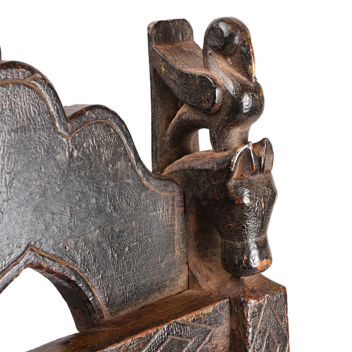 Horse Head Detail From Antique Carved Teak Indian Tribal Mirror From Banswara - 19th Century
