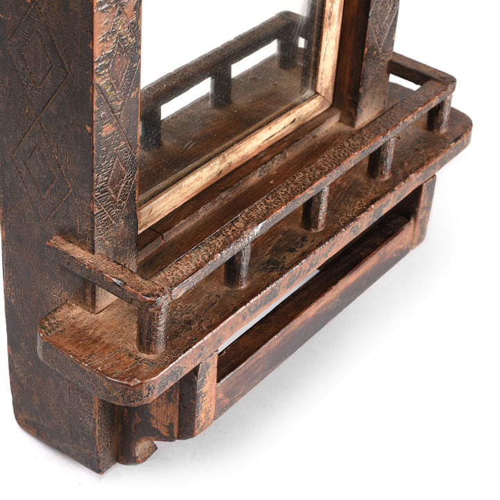 Detail From Antique Carved Teak Indian Tribal Mirror From Banswara - 19th Century