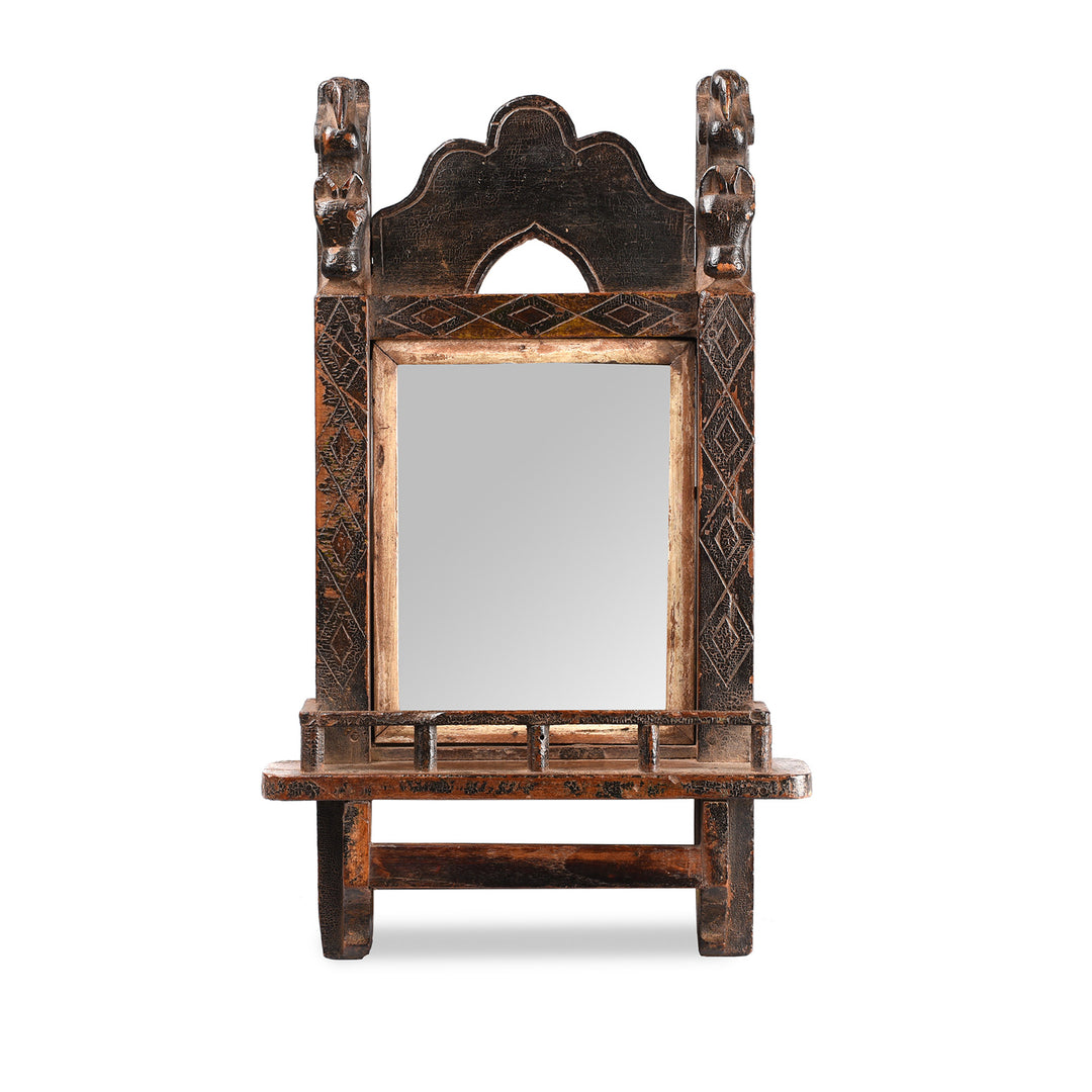 Antique Carved Teak Indian Tribal Mirror From Banswara - 19th Century