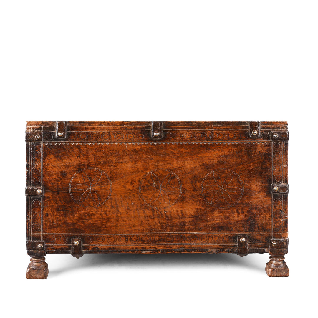 Side View Of Antique Carved Indian Merchants Box | Indigo Antiques