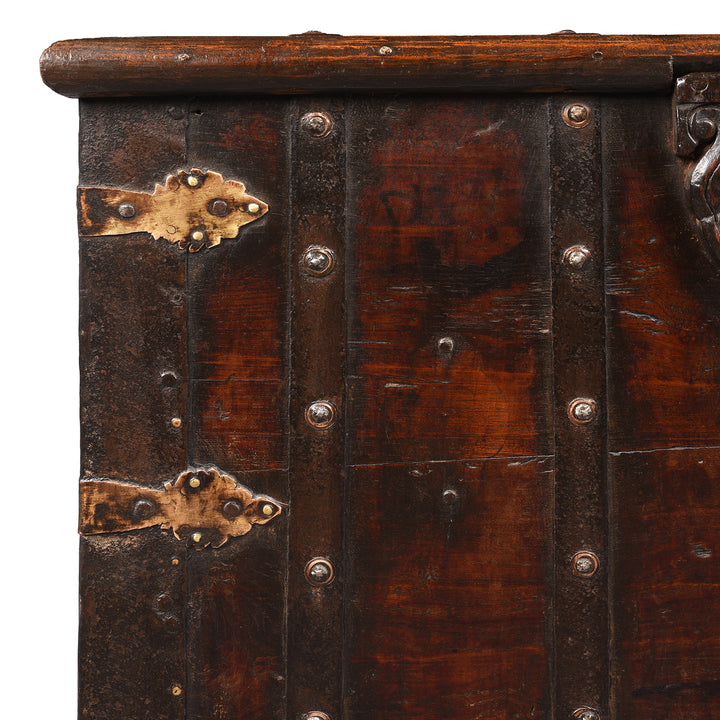 Corner Detail From Antique Indian Brass Bound Teak Chest On Wheels | Indigo Antiques