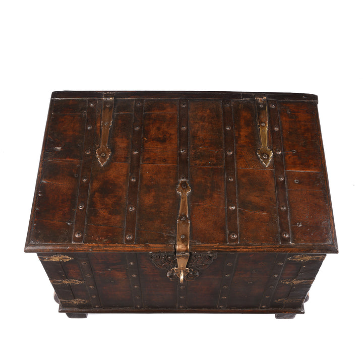 Top Down VIew Of Antique Indian Brass Bound Teak Chest On Wheels | Indigo Antiques