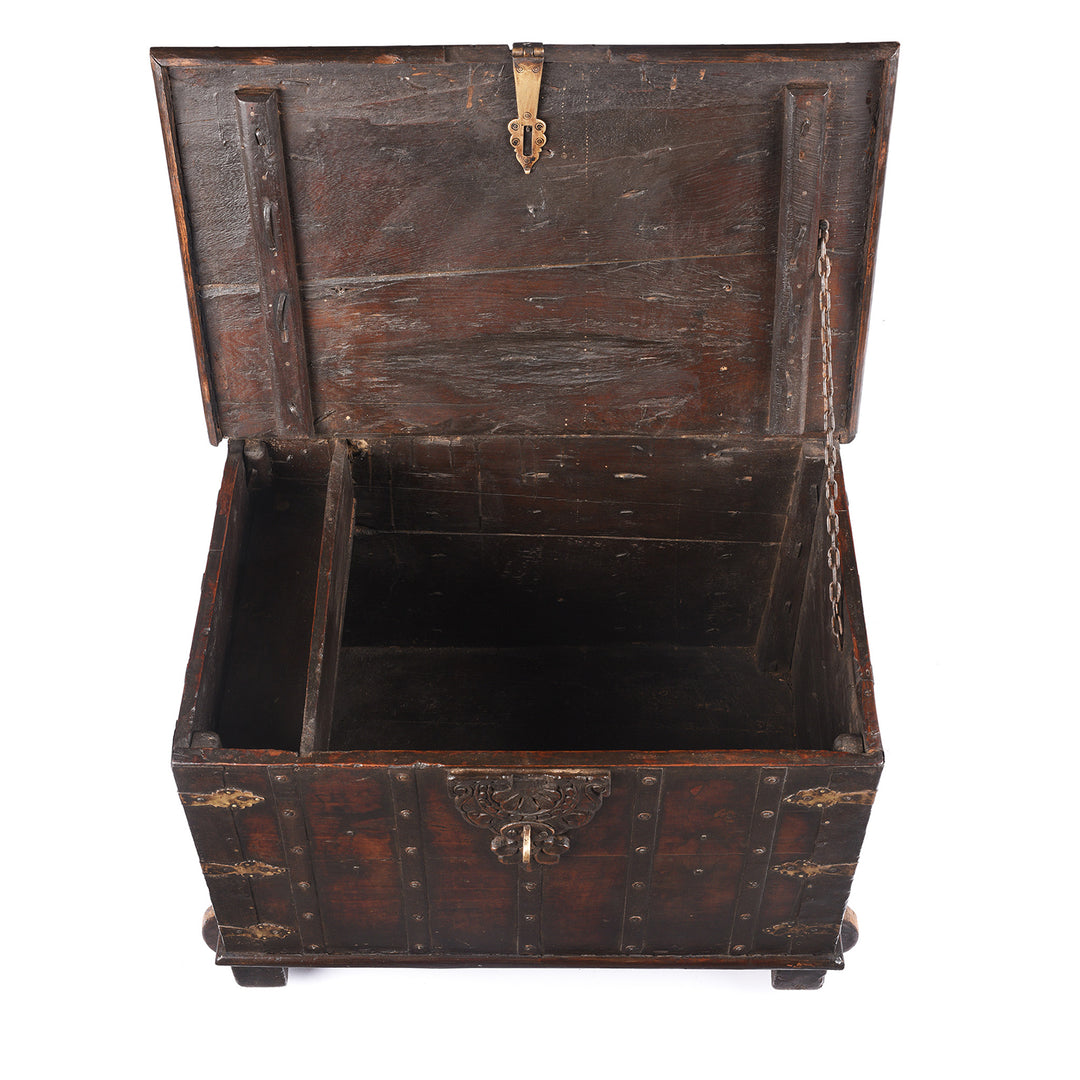 Open Lid View Of Antique Indian Brass Bound Teak Chest On Wheels | Indigo Antiques