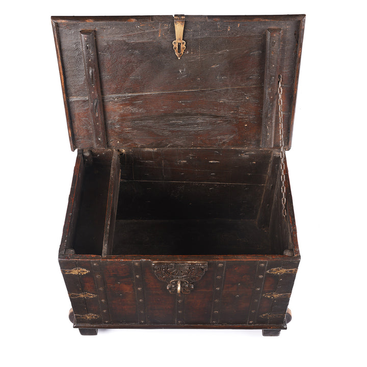 Open Lid View Of Antique Indian Brass Bound Teak Chest On Wheels | Indigo Antiques
