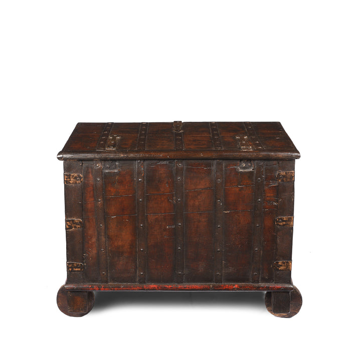 Back Of Antique Indian Brass Bound Teak Chest On Wheels | Indigo Antiques