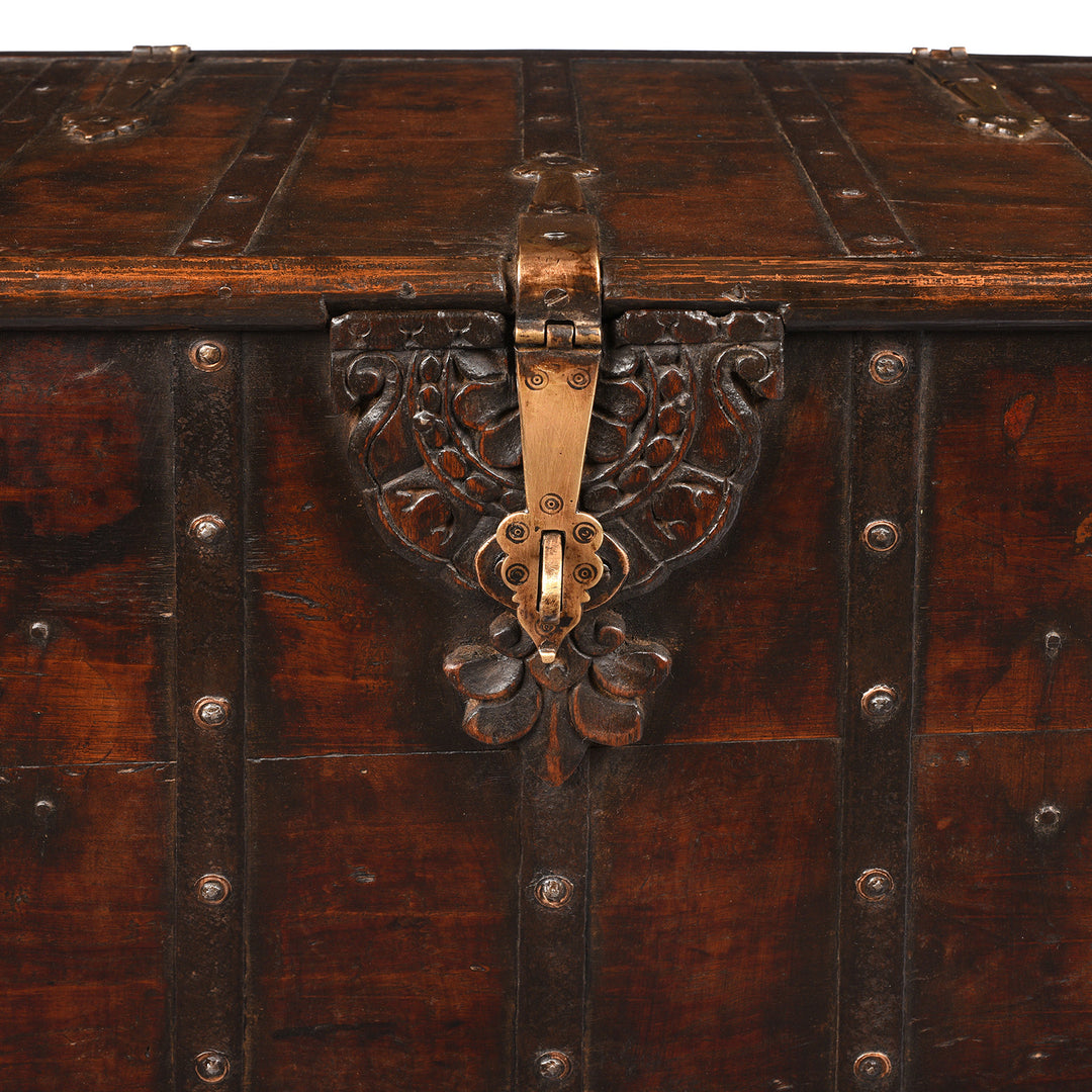 Locking Plate Detail From Antique Indian Brass Bound Teak Chest On Wheels | Indigo Antiques