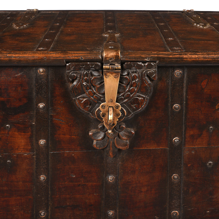 Locking Plate Detail From Antique Indian Brass Bound Teak Chest On Wheels | Indigo Antiques