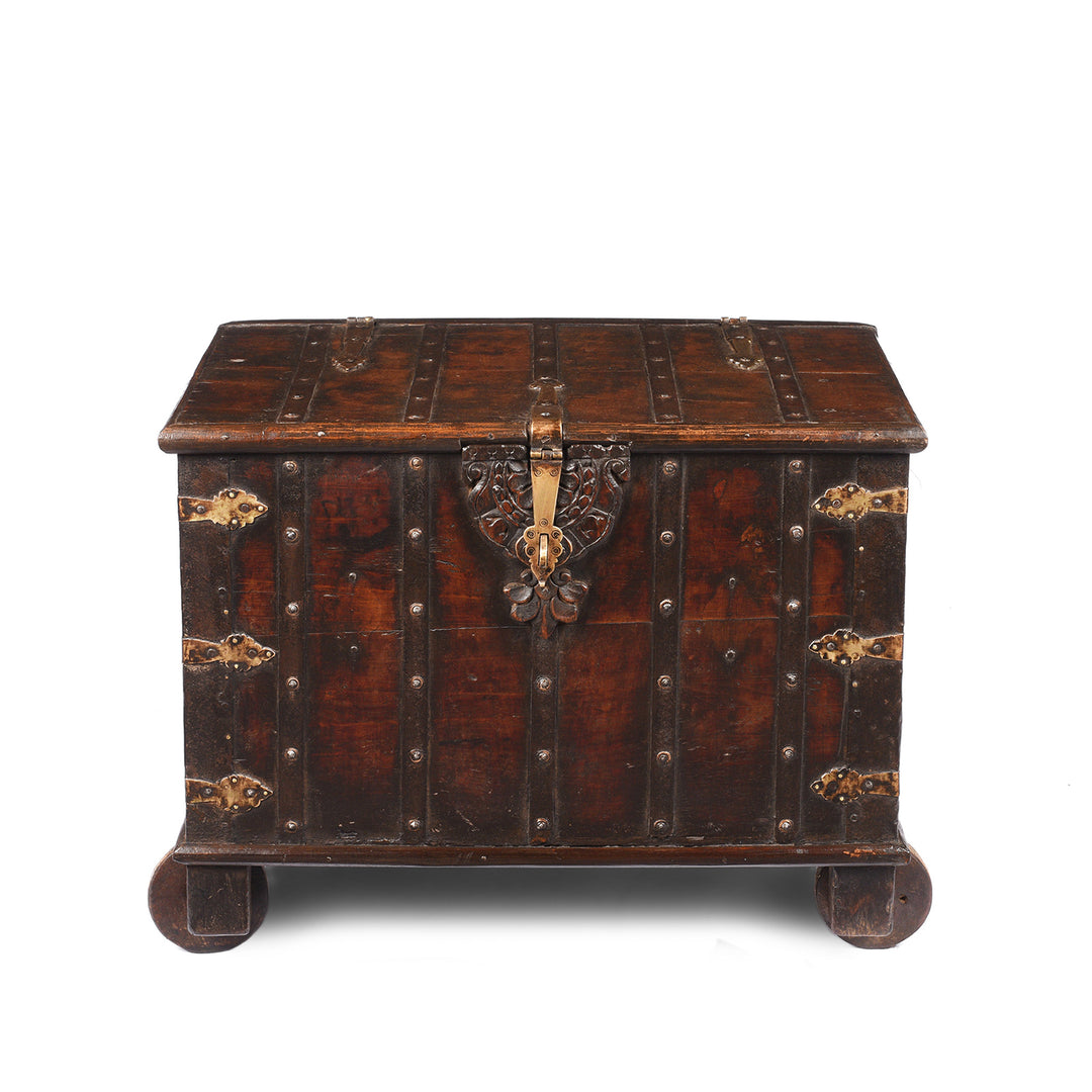 Antique Indian Brass Bound Teak Chest On Wheels | Indigo Antiques