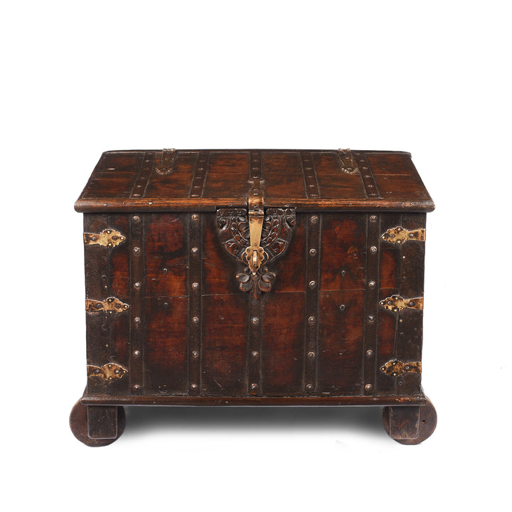Antique Indian Brass Bound Teak Chest On Wheels | Indigo Antiques