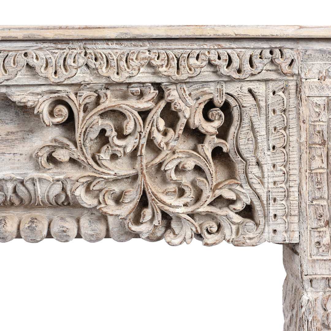 Carving Detail From Reclaimed Teakwood Console Table With Painted Finish | Indigo Antiques