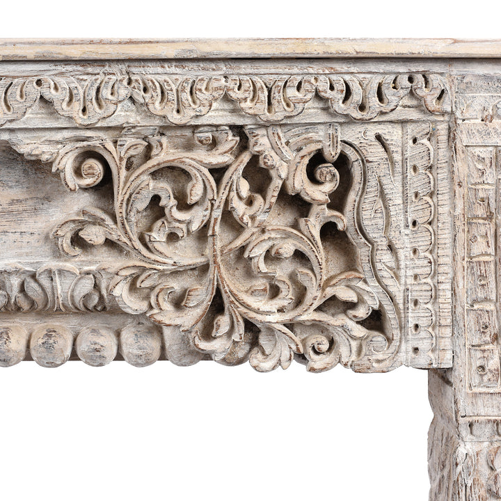 Carving Detail From Reclaimed Teakwood Console Table With Painted Finish | Indigo Antiques