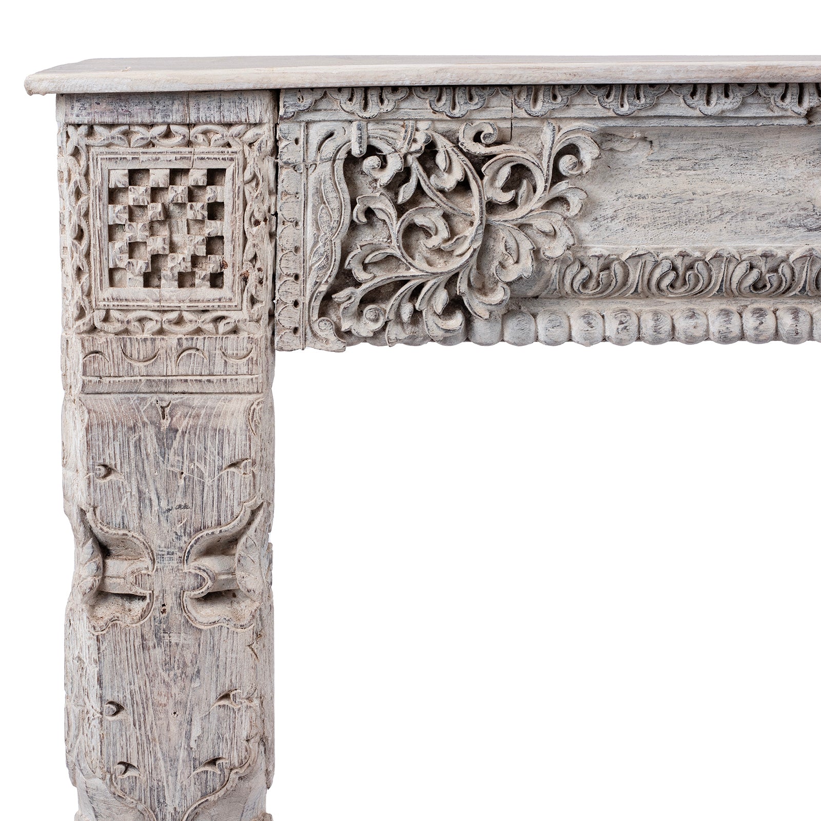 Corner Detail Showing Carving From Reclaimed Teakwood Console Table With Painted Finish | Indigo Antiques