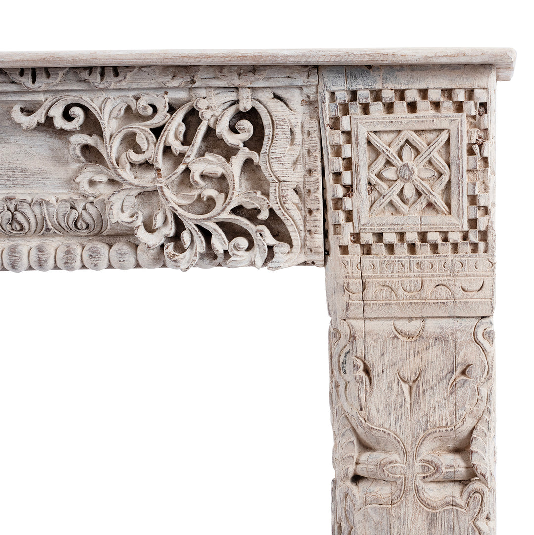 Corner Detail Showing Carving From Reclaimed Teakwood Console Table With Painted Finish | Indigo Antiques