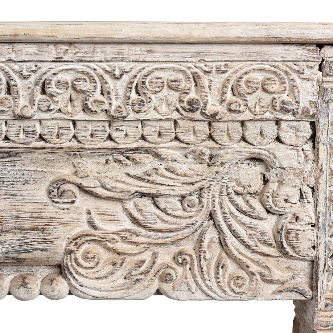 Floral Carving Detail From Painted Reclaimed Teak Console Table | Indigo Antiques