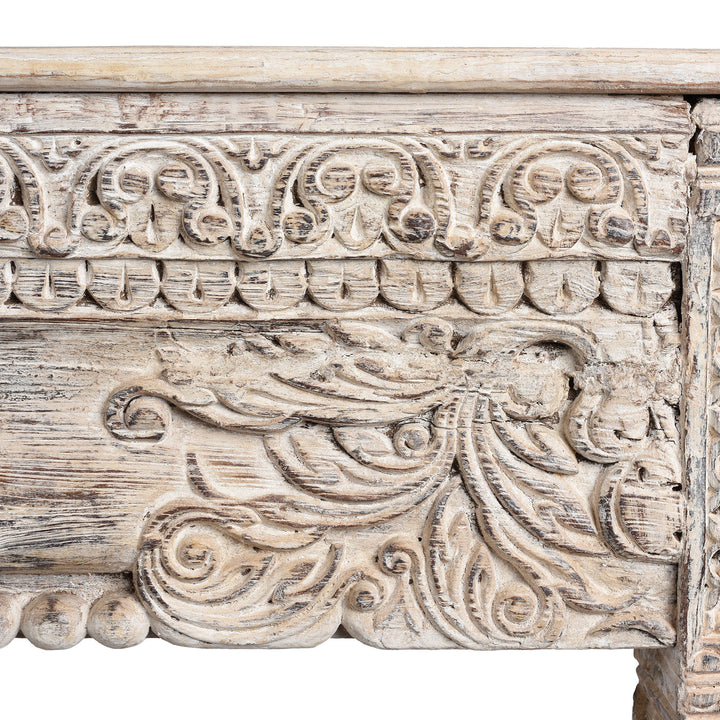 Floral Carving Detail From Painted Reclaimed Teak Console Table | Indigo Antiques