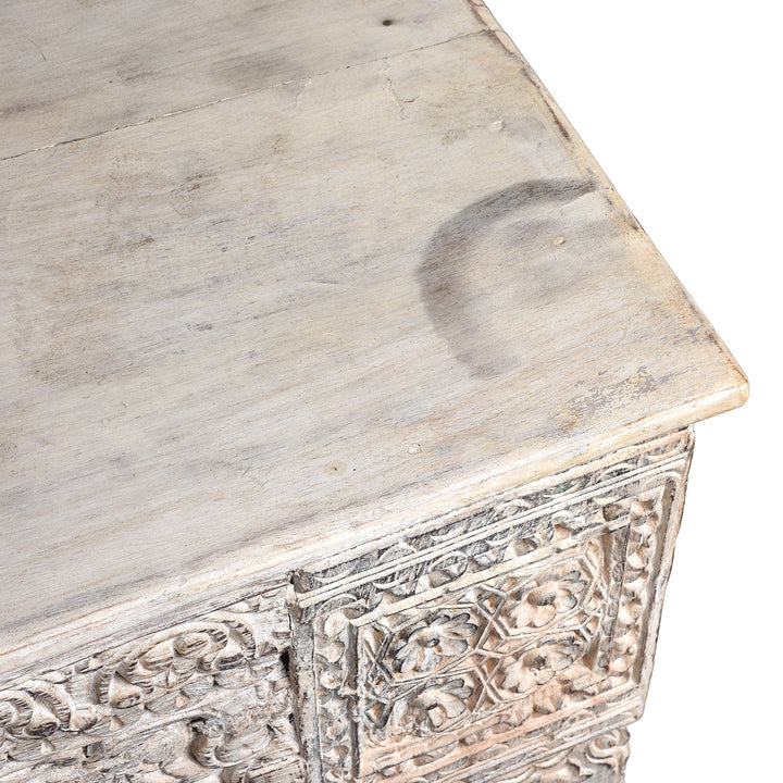 Top Corner Detail From Painted Reclaimed Teak Console Table | Indigo Antiques