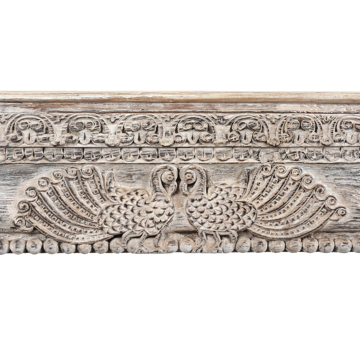 Peacock Design Detail From Painted Reclaimed Teak Console Table | Indigo Antiques
