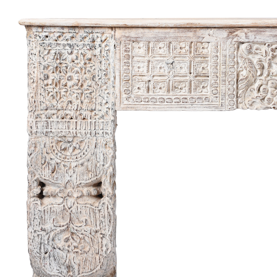 Corner Detail displaying Carving From Painted Console Table Made From Reclaimed Teak | Indigo Antiques