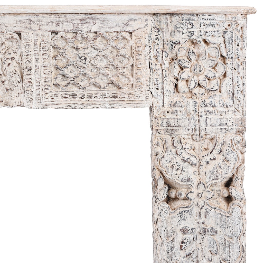 Corner Detail Dispalying Carving From Painted Console Table Made From Reclaimed Teak | Indigo Antiques