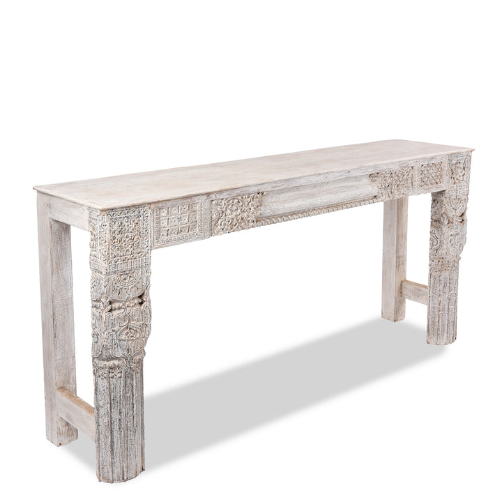 Angled View Of Painted Console Table Made From Reclaimed Teak | Indigo Antiques