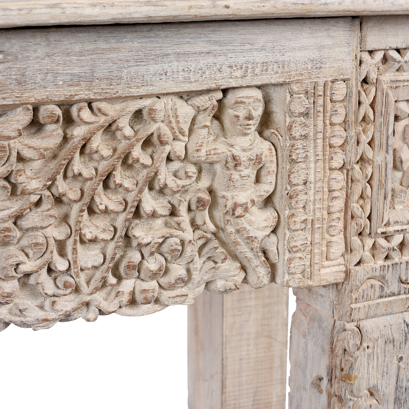 Carving Detail From Reclaimed Teakwood Console Table With Painted Finish | Indigo Antiques