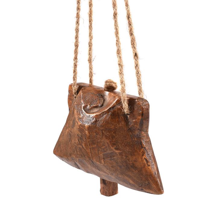 Angled View Of Carved Teak Cow Bell From Rajasthan - Early 20th Century | Indigo Antiques