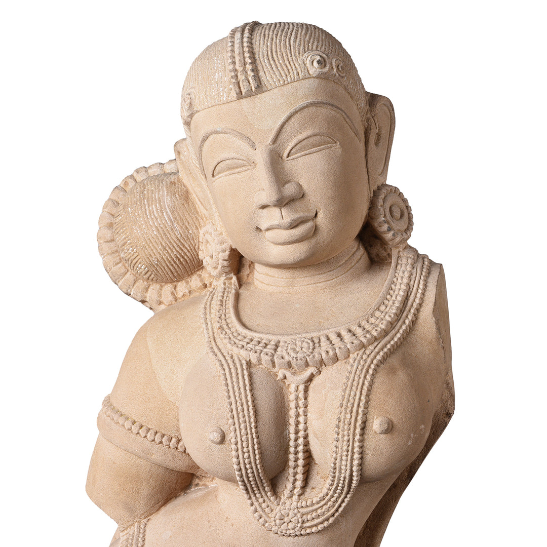 Face And Upper Torso Detail From Carved Stone Apsara Statue From India | Indigo Antiques