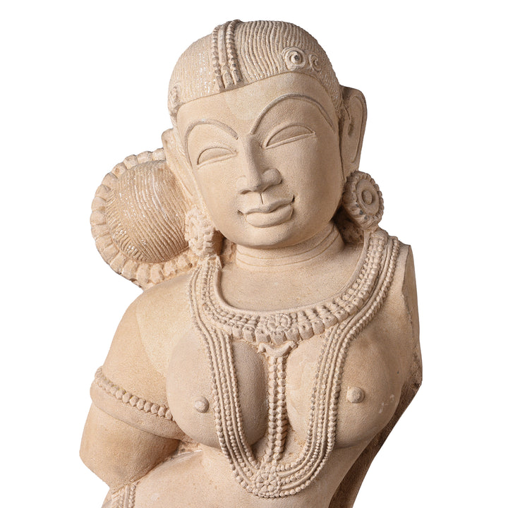 Face And Upper Torso Detail From Carved Stone Apsara Statue From India | Indigo Antiques